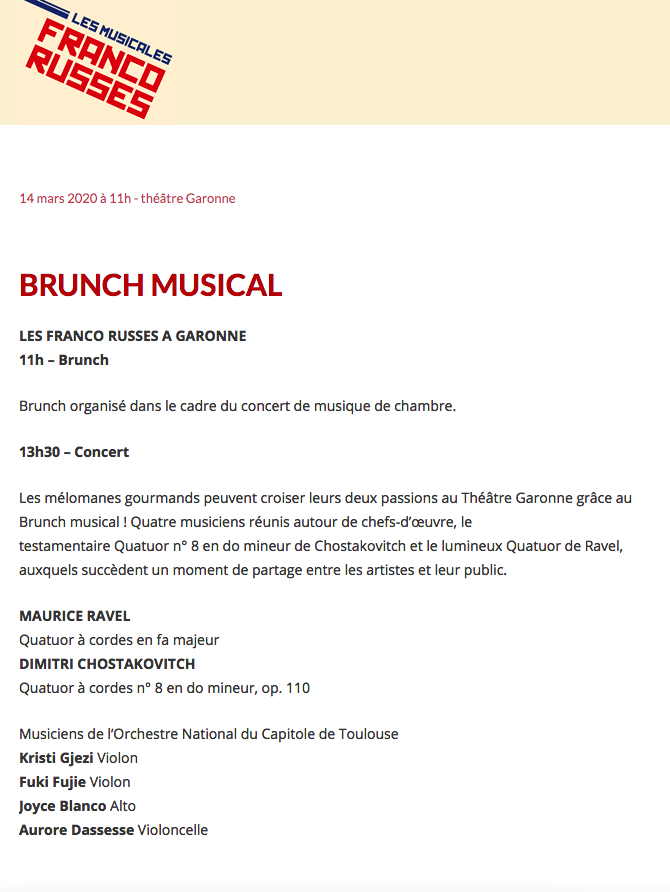 Page Internet. Toulouse. Brunch musical. Les musicales franco-russes. 2020-03-13
